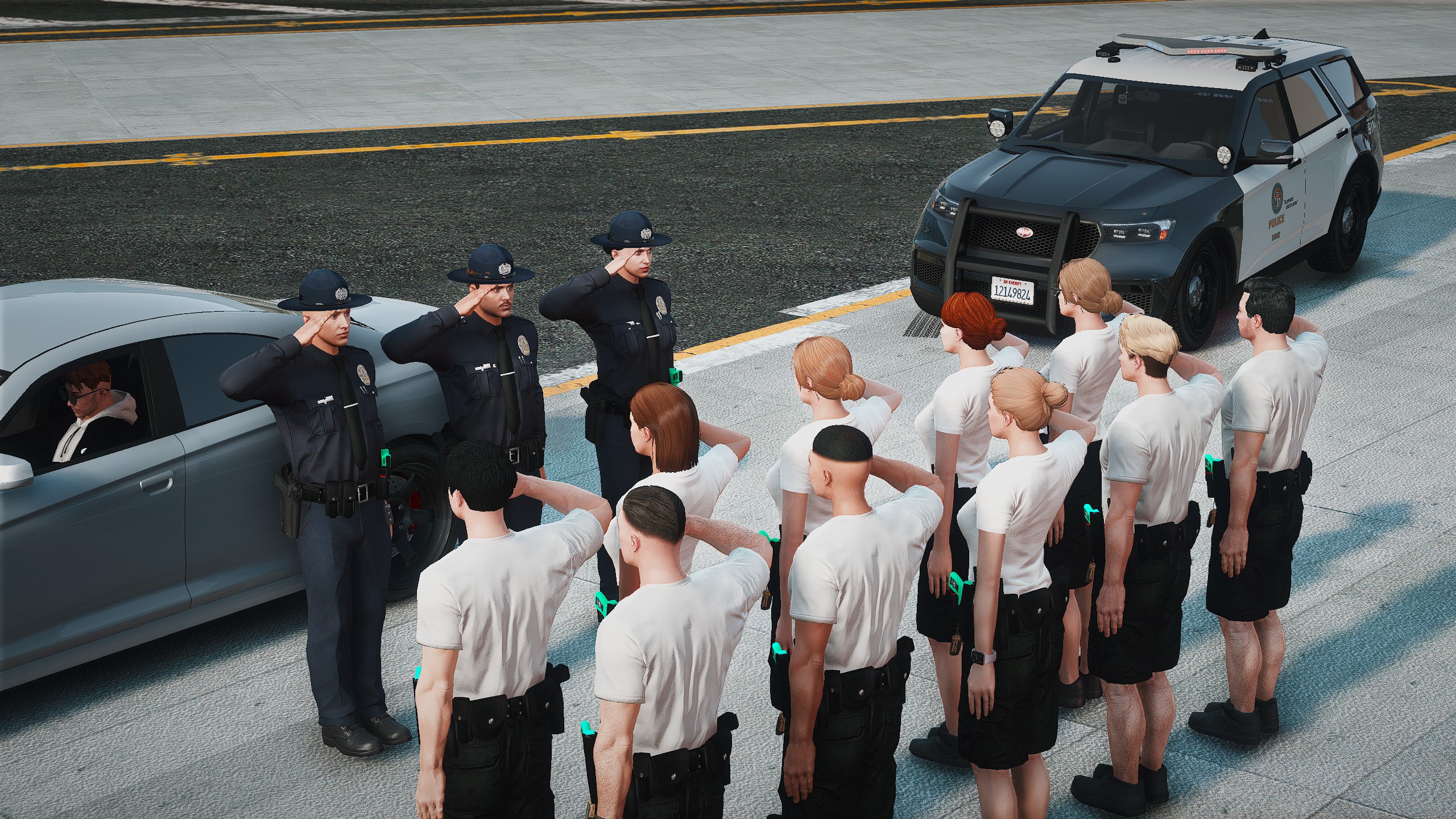 Four Diverse Officers smiling   and standing by police car with doors open