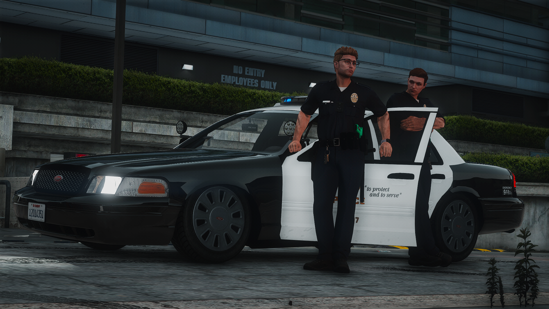 Female Officer exiting car and smiling.